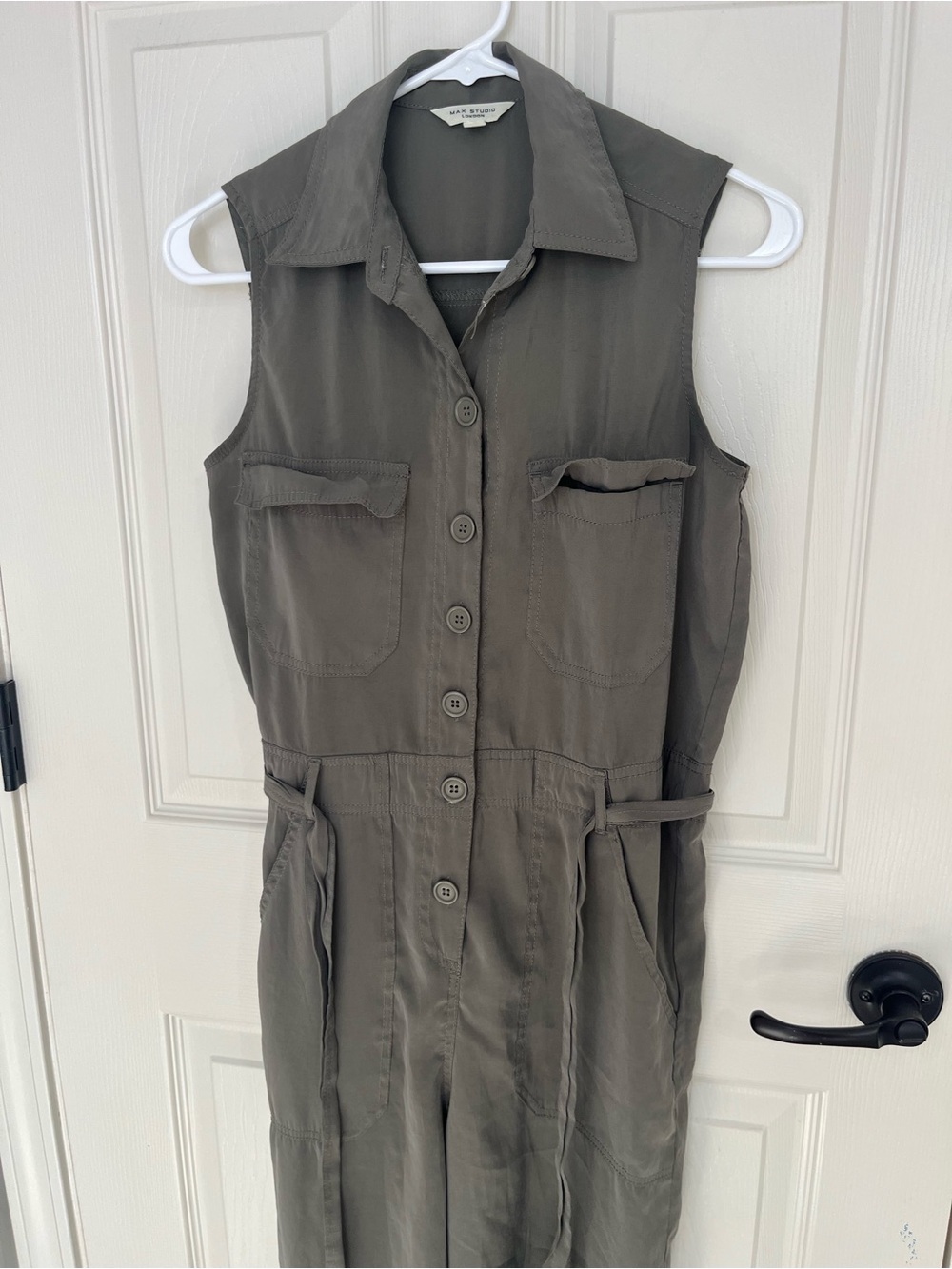 Max Studio Sleeveless Button-Front Utility Jumpsuit in Olive